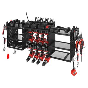Stazione di ricarica a parete a 3 livelli per utensili elettrici con multipresa da 1,7 m e 8 supporti per trapani - Product Image 1