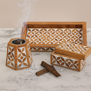 Handmade Wooden Bone Inlay Bakhoor Burner Tray and Storage Box Set with Decorative Inlay Design for Home Decor Ramadan Gift - Product Image 1