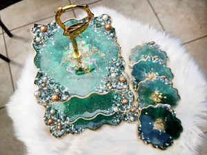 Handcrafted plated Resin plated tray Serving Tray Coaster <b>Set</b> High Quality <b>Wood</b> Customized Home Restaurant Indian <b>Food</b> Occasions - Product Image 3