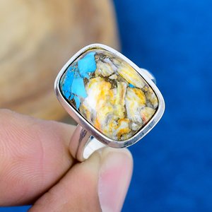 Natural Yellow Oyster Copper Cushion Shape Turquoise Gemstone Ring Handmade 925 Solid Sterling Silver - Product Image 1