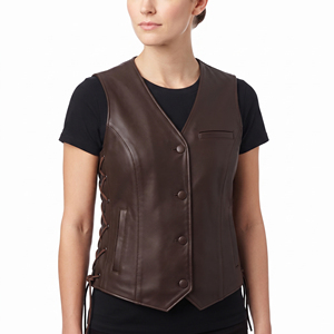 Premium Reversible Breathable <b>Leather</b> Waistcoat Sleeveless <b>Biker</b> <b>Vest</b> Women's V-Neck Side Pockets Lace Detail - Product Image 6