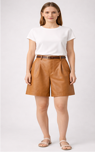 Shorts Bermuda Plissés Taille Haute en Cuir Tanné avec Ceinture et Boutons, Respirants, Lavés, Style Minimaliste et Élégant pour l'Été - Product Image 2
