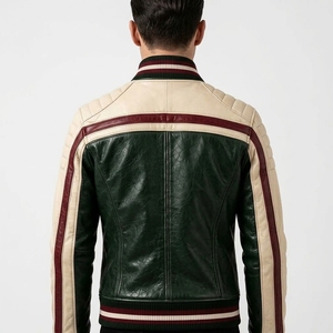Blouson en cuir vert pour homme, style bomber, avec blocs de couleur crème et bordeaux, manches rayées, col côtelé, poches zippées, personnalisable, vente en gros - Product Image 2