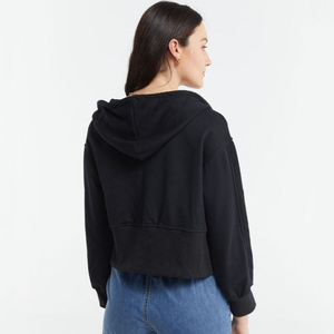 Custom Print Women's Black Crop Hoodie Wholesale Full Sleeve Drop-shoulder Solid Color Knitted Cotton Lined <b>Long</b> <b>Sweatshirt</b> - Product Image 6