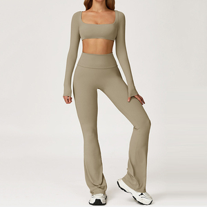Ensemble de yoga sans couture pour femme, violet uni, avec soutien-gorge de sport dos nu, leggings taille haute et haut court à manches longues, tenue de sport - Product Image 4