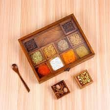 Boîte à épices en bois avec couvercle en verre et compartiments pour herbes, pour le rangement en cuisine - Product Image 3