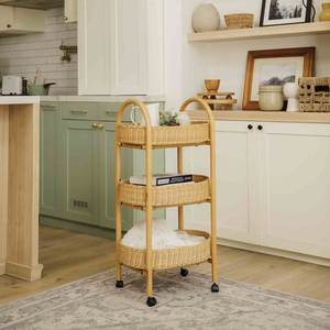 Élégant chariot de service en rotin tressé avec panier de rangement et roulettes pour événements et réceptions en plein air - Product Image 5
