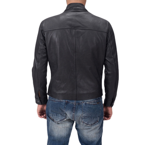 Chaqueta de Motociclista de Cuero PU Negra para Hombre, Cuello Alto, Cierre de Cremallera, Color Sólido, Largo Regular, Estilo Biker de Otoño - Product Image 5