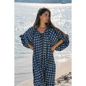Robe d'été décontractée en coton imprimé, style bohème, pour femme, bleue à carreaux, écologique, ample, longue, à manches bouffantes, pour la plage - Product Image 1