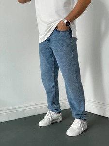 Pantalones Vaqueros Personalizados para Hombre, Azules, de Algodón de Alta Calidad, Lavado Ligero, Corte Recto, Holgados, Talla Grande, Estilo Cargo - Product Image 2