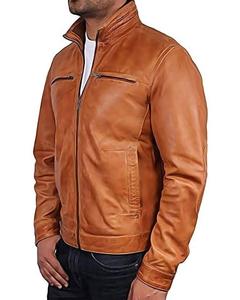 Blouson universitaire élégant et robuste en cuir véritable pour homme, avec fermeture éclair, col montant, capuche et doubles poches poitrine, en cuir de vachette, pour l'automne - Product Image 1