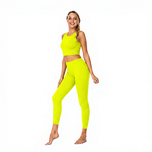 Women 2 Piece Yoga Set High Waisted Full Length Leggings Solid Color Racerback Sleeveless <b>Lace</b> <b>Elastic</b> Waist Front Workout Wear - Product Image 5