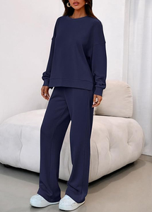 Ensemble 2 pièces en tricot bleu marine pour femme, sweat-shirt à col rond et pantalon large, coupe décontractée, pour toutes les saisons, à porter au quotidien - Product Image 3