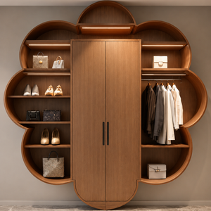 Modern Teak Wood LED Wardrobe Cabinet with Artistic Curved Shelving and Luxury Closet Organizer - Product Image 1