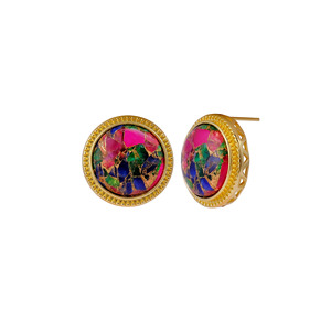 Pendientes de botón redondos solitarios chapados en oro Mix Mohave - Joyería de latón con gemas naturales coloridas - Regalo de joyería de latón moderno y bohemio para ella - Product Image 2