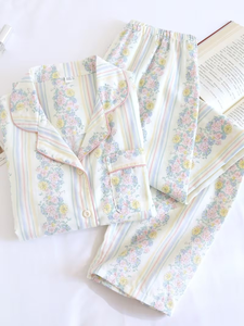 Women's Color Striped Printed Floral 100% Muslin Double Layer Lightweight Plus Size Long Sleeve Pajama Set for Spring/Summer - Product Image 6