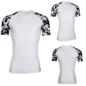 Men's Short Sleeve <b>Compression</b> Rash Guard White With Gray <b>Black</b> Camo Sleeves Quick Dry Polyester Athletic <b>Shirt</b> Top - Product Image 4