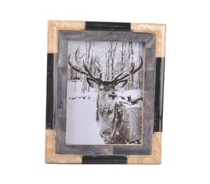 Cadre photo artisanal triple couche en os incrusté, luxe marbré crème et résine noire avec intérieur mosaïque gris - Product Image 1