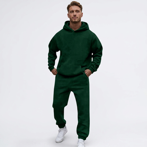 Ensemble de survêtement pour homme vert foncé à capuche, coupe ample, couleur unie, en coton, sweat-shirt et pantalon décontractés avec poches latérales - Product Image 3