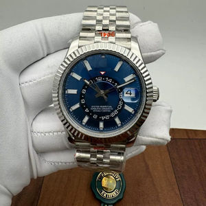 Montre automatique à cadran bleu avec date, acier inoxydable, lunette cannelée, verre saphir, mouvement ETA, unisexe, luxe, hip-hop - Product Image 1