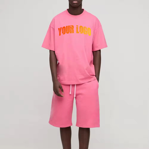 Conjunto de 2 Piezas para Hombre, Color Sólido, Camiseta y Pantalones Cortos Holgados de Verano, Algodón Transpirable y Cómodo - Product Image 1