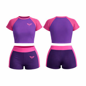Conjunto Deportivo de 2 Piezas para Mujer, Top Corto y Pantalones Cortos, Manga Corta Raglán, Cintura Alta, Estilo Deportivo y Casual - Product Image 3