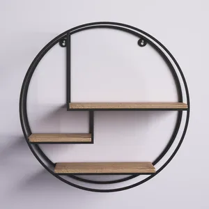 Étagère murale ronde industrielle en métal noir et bois, étagères flottantes géométriques, unité de rangement suspendue pour le salon - Product Image 1