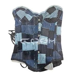 Corset en jean patchwork avec bonnets ronds et fermeture à agrafes sur le devant - Product Image 1