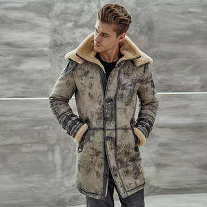 Veste en cuir véritable lavé pour homme avec doublure en fausse fourrure, col rabattable, long manteau coupe-vent d'hiver, style motard - Product Image 4