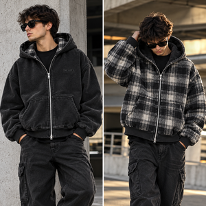 Blouson à capuche réversible noir ONEAPEX avec fermeture éclair, logo personnalisé, streetwear oversize, fabricant en gros - Product Image 2
