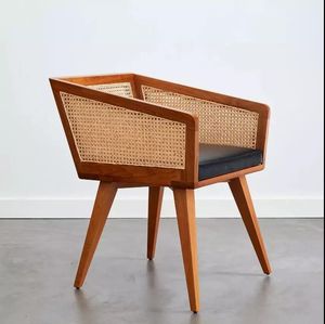 Fauteuil de salle à manger en teck avec panneau en rotin - Product Image 1