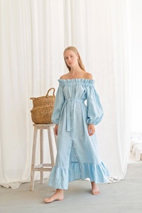 Robe en lin bleu clair mère et fille, tenue de soirée assortie avec boutons avant et bandeau élastique doux sur les épaules nues, mignon - Product Image 5
