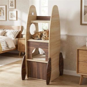 4-Tier Rocket Shape <b>Cat</b> <b>Tree</b> with 2-Tier Condo Sisal <b>Scratch</b> Pad Hanging Pompom-Natural White Color - Product Image 2