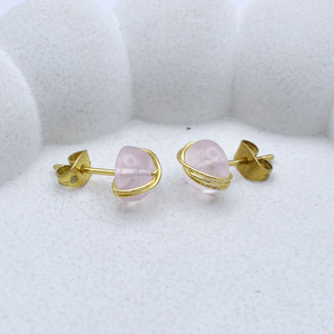 Rose Quartz Round Wire Wrapped <b>Stud</b> Earrings 8mm | Handmade Pink Gemstone <b>Studs</b> | Love Healing Gift - Product Image 2