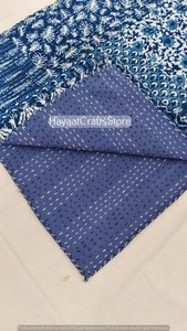 Handmade Hand Block Printed Indigo Blue Kantha <b>Quilt</b> Indigo Blue Cotton Kantha <b>Quilt</b> Indian Handmade Queen <b>Bedspread</b> - Product Image 3