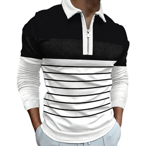 Polo à manches longues en tricot pour homme, à blocs de couleur, rayé, avec fermeture éclair, haut décontracté - Product Image 5
