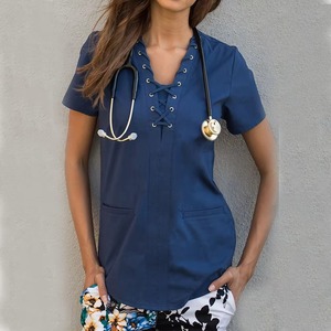 Unisex Gray Nurse <b>Scrub</b> Top Short Sleeve V-Neck Lace-Up Front Pockets Hospital Uniform Woven 94% Polyester 6% Spandex - Product Image 6