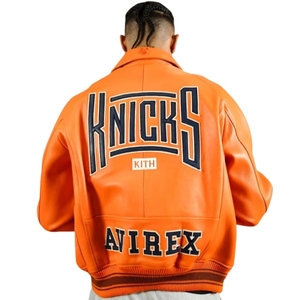 Blouson bomber premium orange style Avirex New York Knicks |   Cuir véritable enduit, imperméable, coupe-vent, lourd - Product Image 1