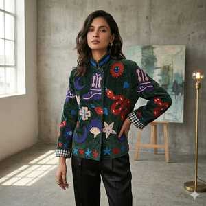 Suzani Embroidered Quilted Knitted Velvet Bomber <b>Jacket</b> Handcrafted Floral Boho Statement Wear Full Sleeve Autumn Eco-Friendly - Product Image 1
