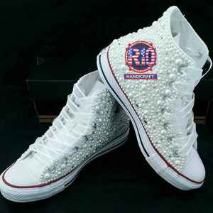 Meilleur fournisseur : Baskets montantes en toile blanche pour femme, broderie florale manuelle, motif colibri, chaussures de mariage et de fête à plateforme plate - Product Image 5