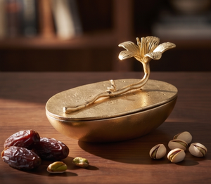 Boîte de rangement ovale décorative en métal doré sculpté sur mesure pour fruits secs et dattes, avec support pour collations - Product Image 2