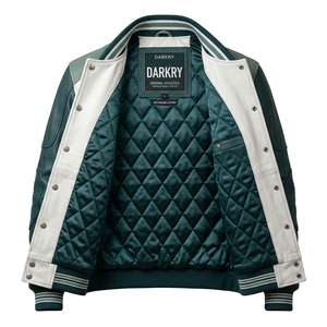เสื้อแจ็คเก็ตหนังแท้สีเขียวเข้มสำหรับผู้ชาย แบบ Varsity ตกแต่งด้วยผ้าปะติดปะต่อ ติดกระดุมแบบ Snap  ทรง Letterman  แบบเบสบอล  ทรง Bomber - Product Image 5