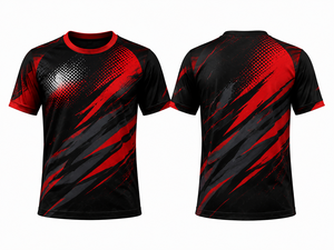 T-shirt sportif à manches courtes pour homme, imprimé géométrique noir et rouge, séchage rapide, col rond, coupe classique, 100% polyester tricoté, sublimation - Product Image 3