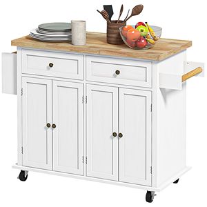 Carrello da Cucina Moderno Bianco con Piano in Robusto MDF di Quercia e Legno di Gomma, Porta Spezie/Asciugamani e Cassetti Contenitore per Sala da Pranzo - Product Image 1