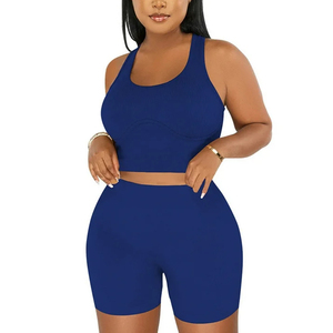 Ensemble de yoga 2 pièces sans couture bleu grande taille, haut court taille haute et short dos nageur sans manches, couleur unie, en Spandex et Polyester - Product Image 5