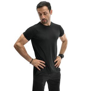 Camiseta de Manga Corta para Hombre, Corte Ajustado, Cuello Redondo, Negra, Informal, Transpirable, de Algodón Jersey, Largo Regular, Color Sólido, Ropa Deportiva - Product Image 1