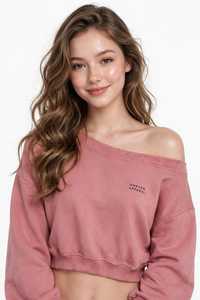 Sudadera corta de hombros caídos para mujer, rosa empolvado, con cuello asimétrico, manga larga, estilo casual, lavado, para invierno, top corto frontal - Product Image 3