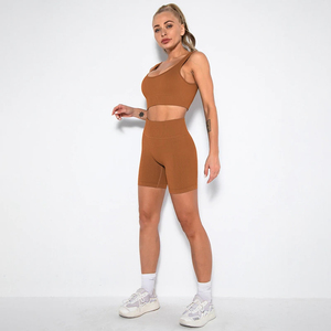 Conjunto de Yoga de 2 Piezas para Mujer, Top Corto con Tirantes Cruzados, Leggings de Cintura Alta, Color Morado Sólido, Ropa Deportiva Elástica de Corte Completo - Product Image 2