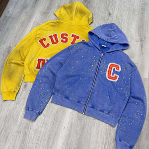 Sweat à capuche homme surdimensionné en coton épais 400 g/m², délavé, effet usé, avec broderie et strass, design personnalisé OEM, style streetwear - Product Image 1