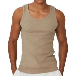 Camiseta sin mangas para hombre, color beige, de algodón, transpirable, para gimnasio, entrenamiento, fitness, verano, informal - Product Image 3
